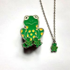 Vintage 4 Pc. Jewelry Set Earrings Necklace Brooch Trinket Box Green Frog